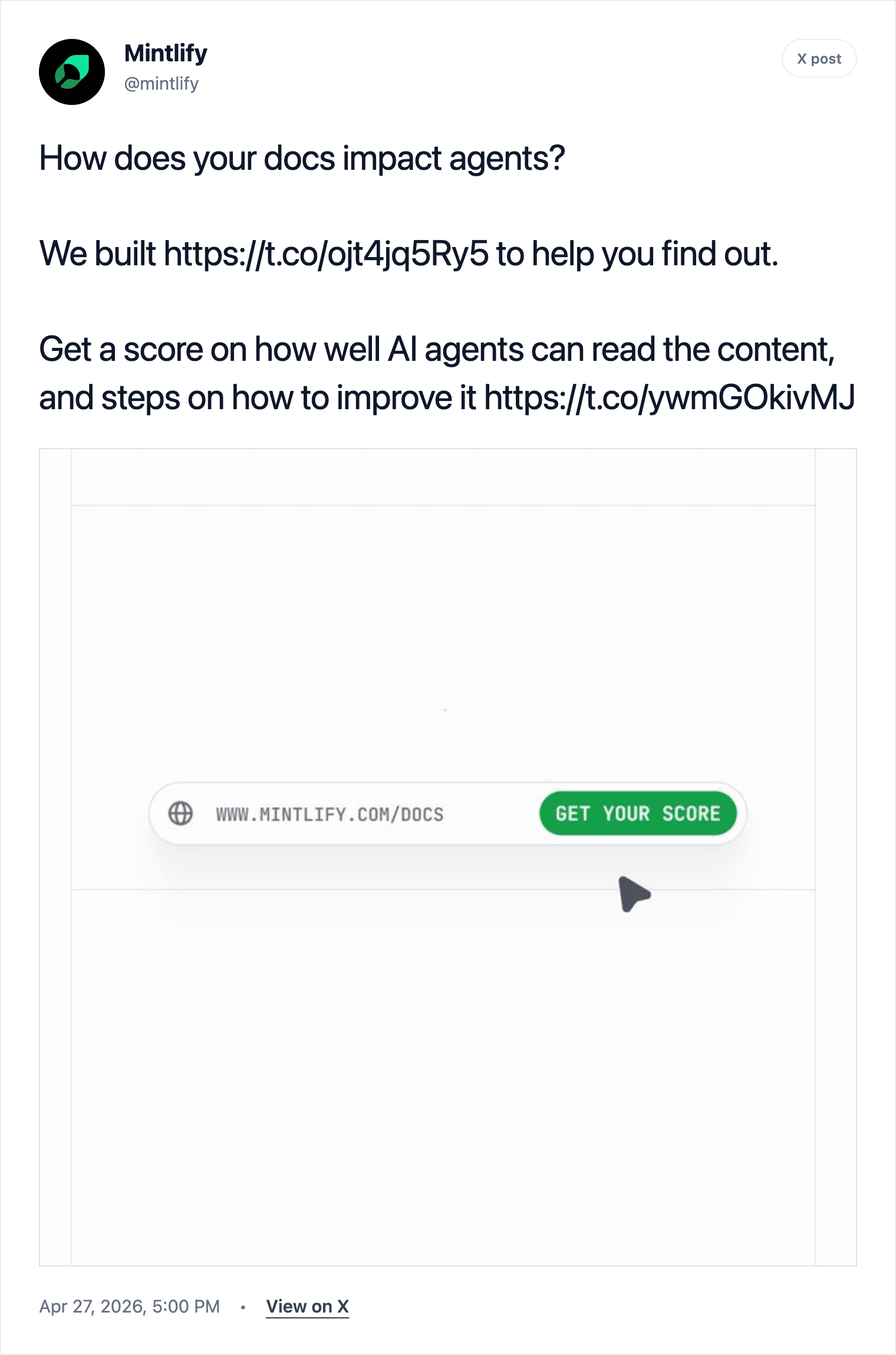 Mintlify announcing mintlify.com/score, a tool that scores how well AI agents can read your documentation