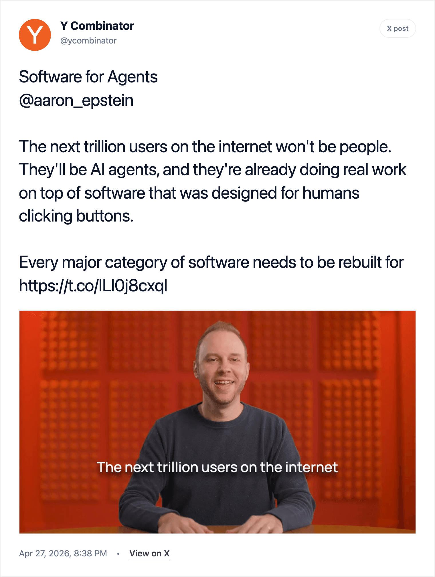 Y Combinator's post on Software for Agents: 'The next trillion users on the internet won't be people. They'll be AI agents'